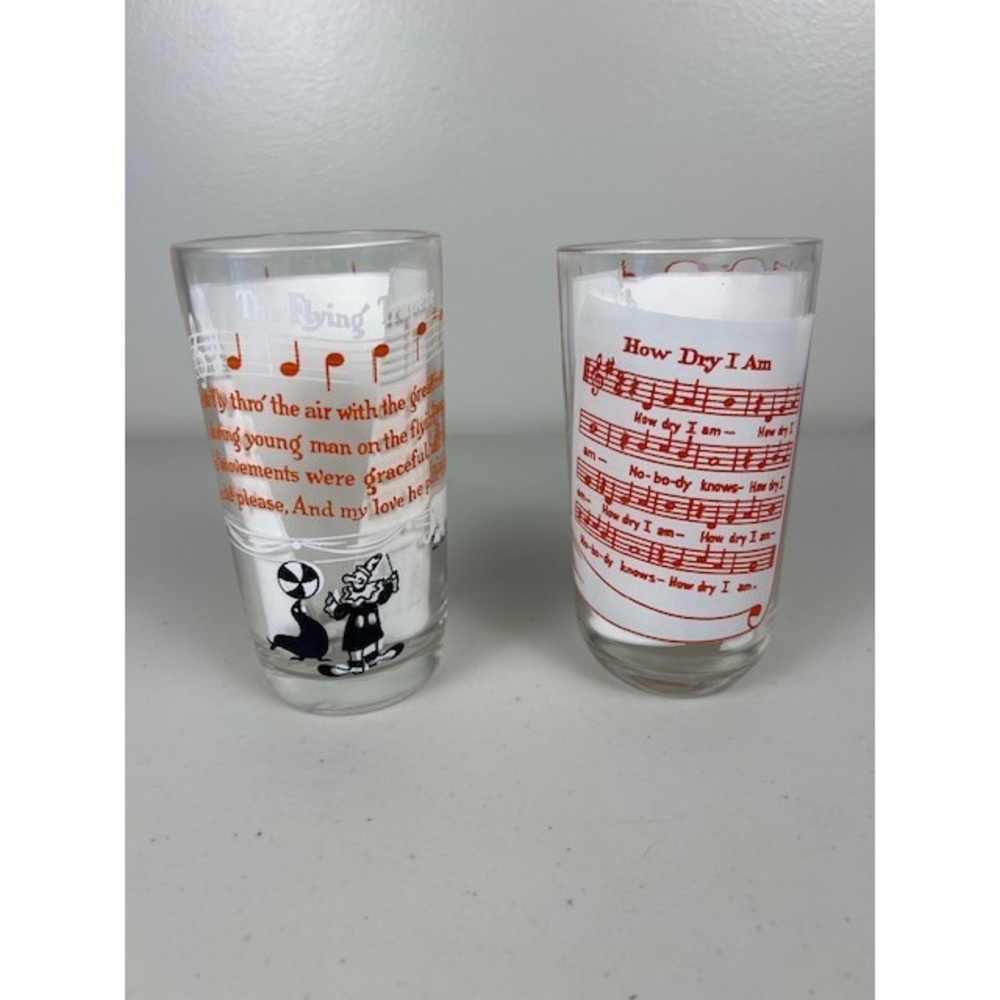 Vintage Mid-Century Musical Highball Glasses Flying Trapeze How Dry I Am Set 2 - Picture 2 of 12